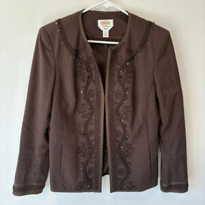 Talbots Chocolate Brown Beaded Embroidered Suit Jacket Blazer Business